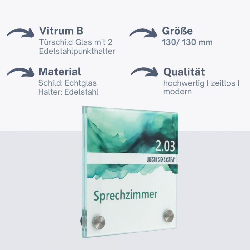 Tuerschild VITRUM B , Glasschild fuer Buero 130 130 mm